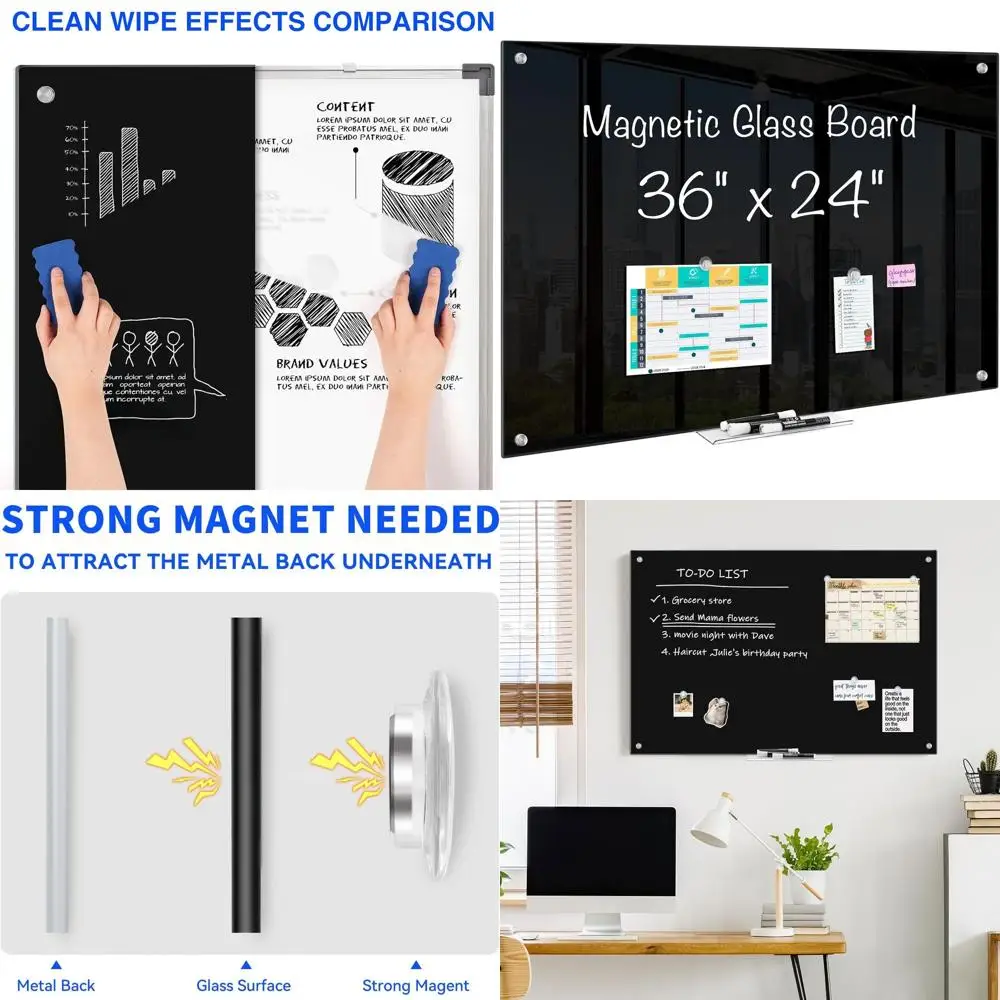 

Магнитная черная стеклянная доска для сухого стирания 36 x 24 с 6 магнитами, лотком для маркеров, 3 маркерами и ластиком для использования на стене