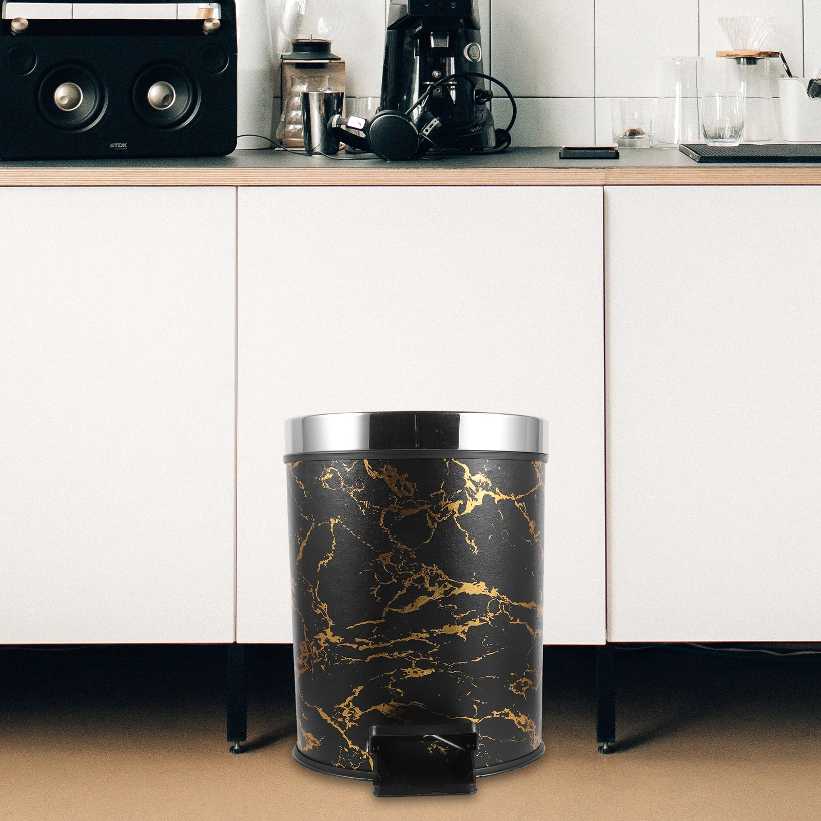 

Стильный педальный мусорный бак с мраморным узором, кухонный контейнер для мусора с крышкой, прочное домашнее ведро для хранения мусора, портативное