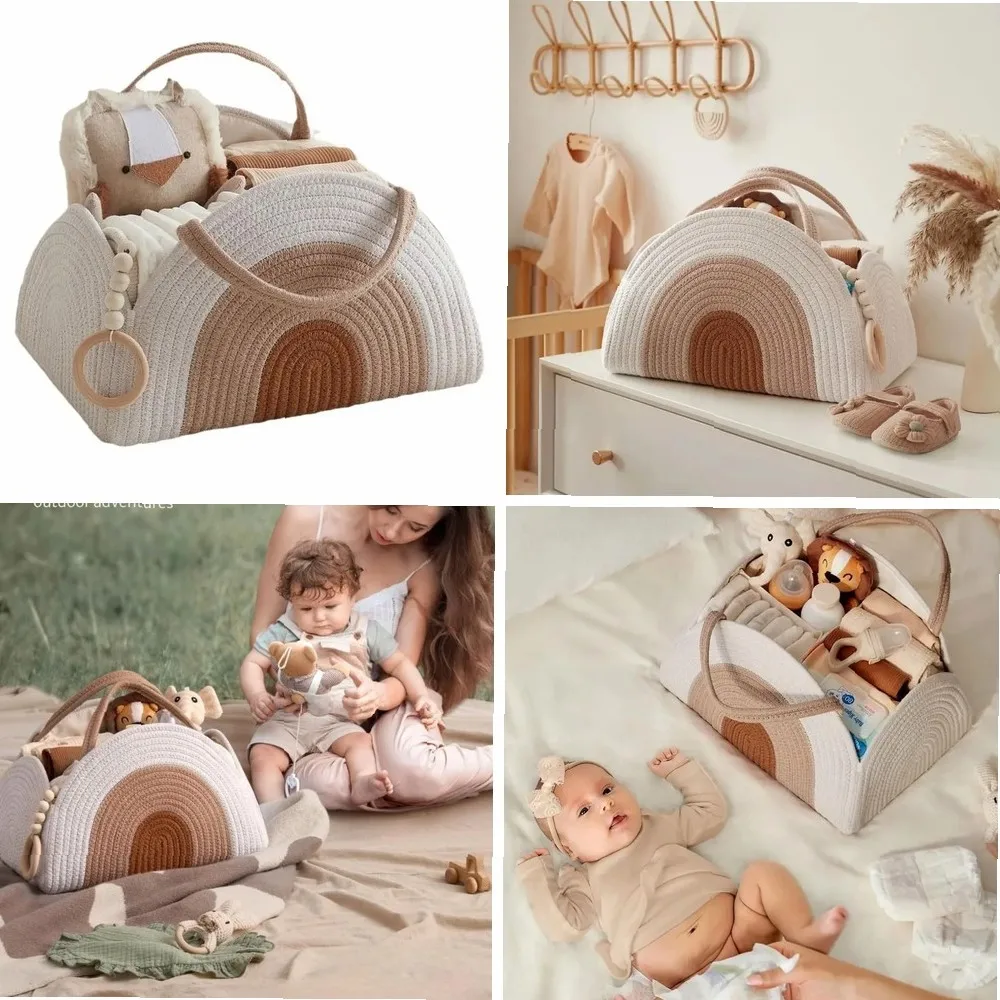 

Woven Cotton Rope Baby Diaper Organizer, Large Capacity Portable Diaper Basket, Newborn Essentials Storage Bag for Baby Supplies