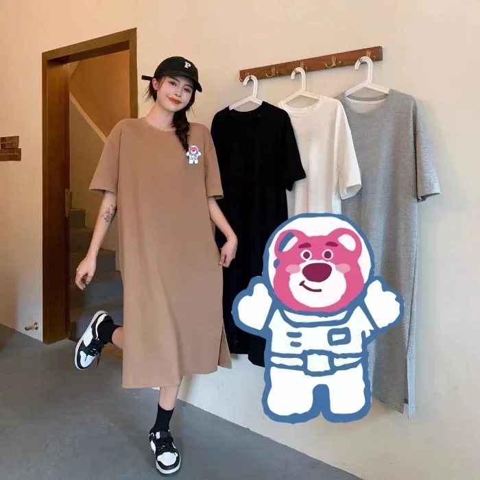 Miniso Strawberry Bear T-shirt Skirt Cartoon Lotso 40-90kg Loose Leisure Style Lone Brown Colours Shortsleeved Soft Uniquedress