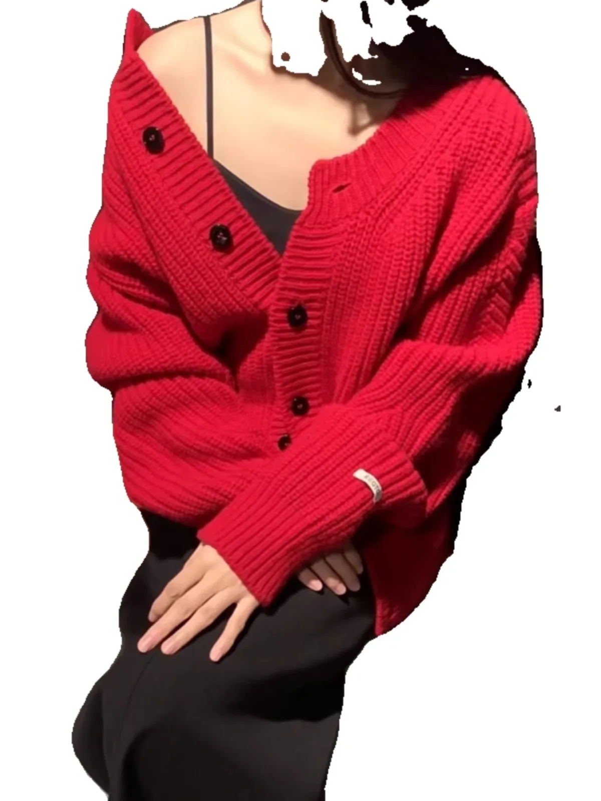 Round neck 100% pure cashmere knitted cardigan women\'s long sleeve spring and autumn red wool base coat