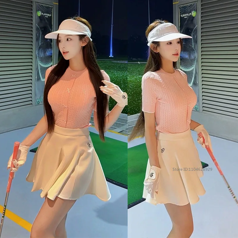 

PL Summer Golf Women Sweater Knitted Short Sleeve Shirts Crew Neck Elastic Tops Slim Tennis Pleated Skirt Golf Skorts