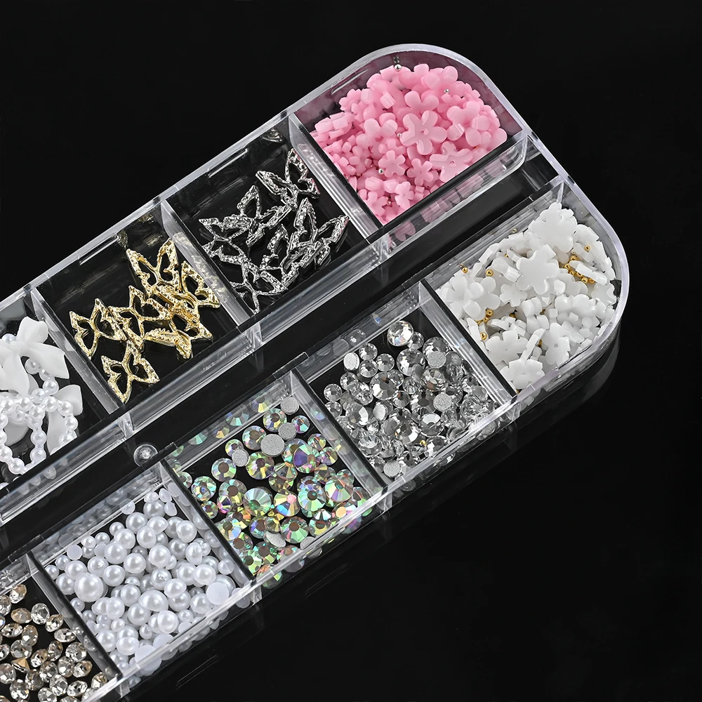12 Grids Rosa Gemischte Harz Bogen Blume Perle Herz Nagel Charms Legierung Hohl Schmetterling Strass Nagel Dekorationen Maniküre Schmuck