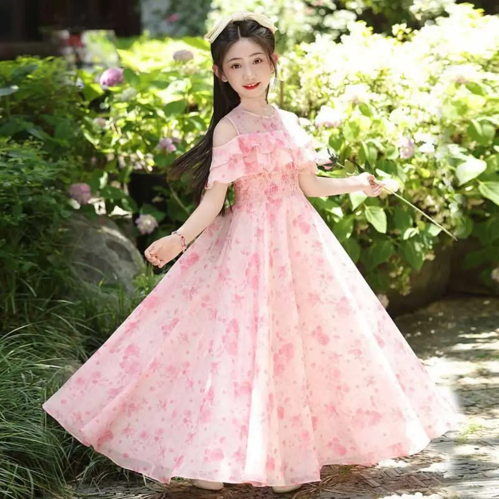 Loose Girls Chiffon Floral Dress Pleated Party Summer Kids Dresses Teenagers Beach Vacation Children Princess Dress Beach