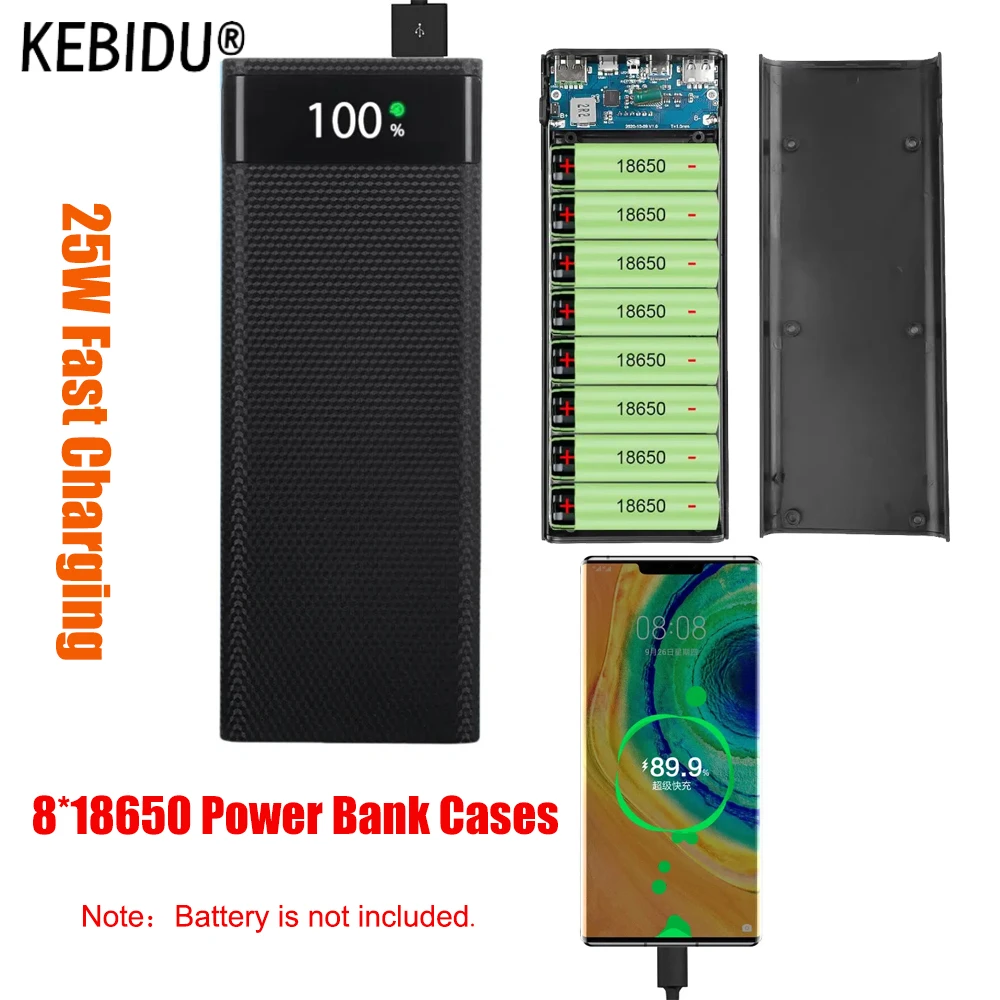KEBIDU 8*18650 Power Bank Cases Dual USB Type C Charge DIY Shell 25W Fast Charging Detachable Battery Cases for All Smartphone