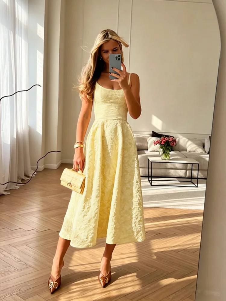 Vestido de Verano Elegante para Mujer, Diseño Jacquard Amarillo, Sin Mangas, Estilo Línea A, Espalda Descubierta, Ideal para Fiestas, Cumpleaños y Eventos Nocturnos