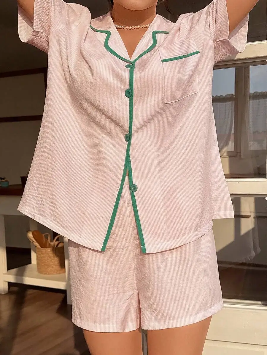 

Contrast Trim Short Sleeve Pajama Set With Shorts For Women