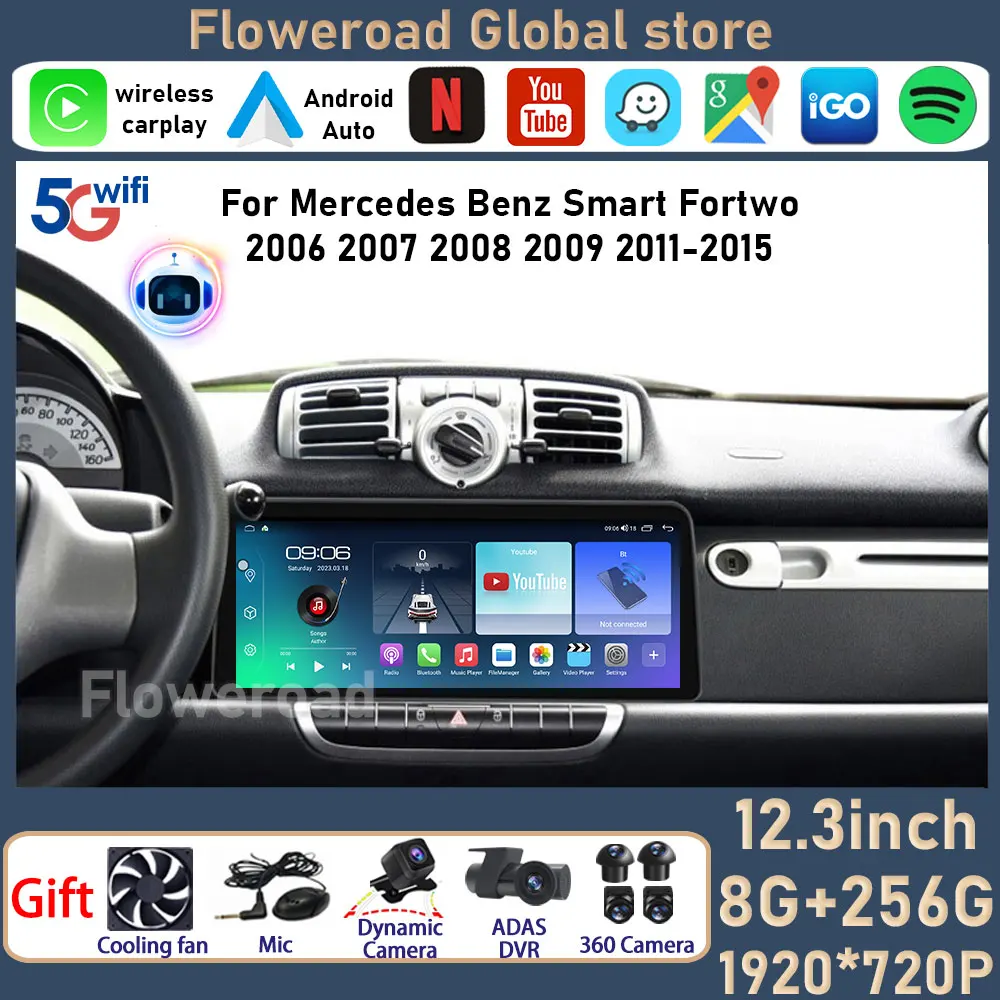 

12.3 inch For Mercedes Benz Smart Fortwo 2006 2007 2008 2009 2011- 2015 QLED Car AutRadio Carplay Double Din GPS Navigation WIFI