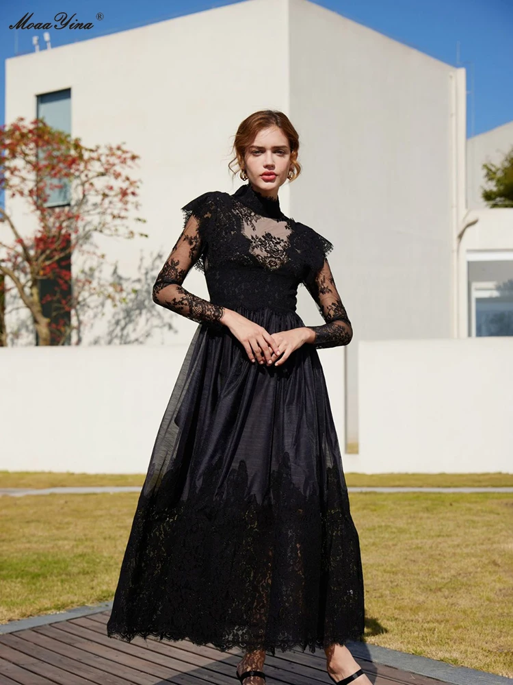 

MoaaYina Fashion Designer Autumn Women's Dresses Half High Collar Printing Floral High Quality POLYESTER Office Lady long Dress