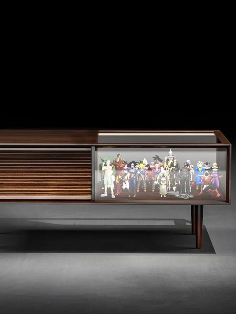 1Nordic Solid Wood Glass Display Coffee Table Black Walnut Ribbon Light Multifunctional Locker Lego Ins Style