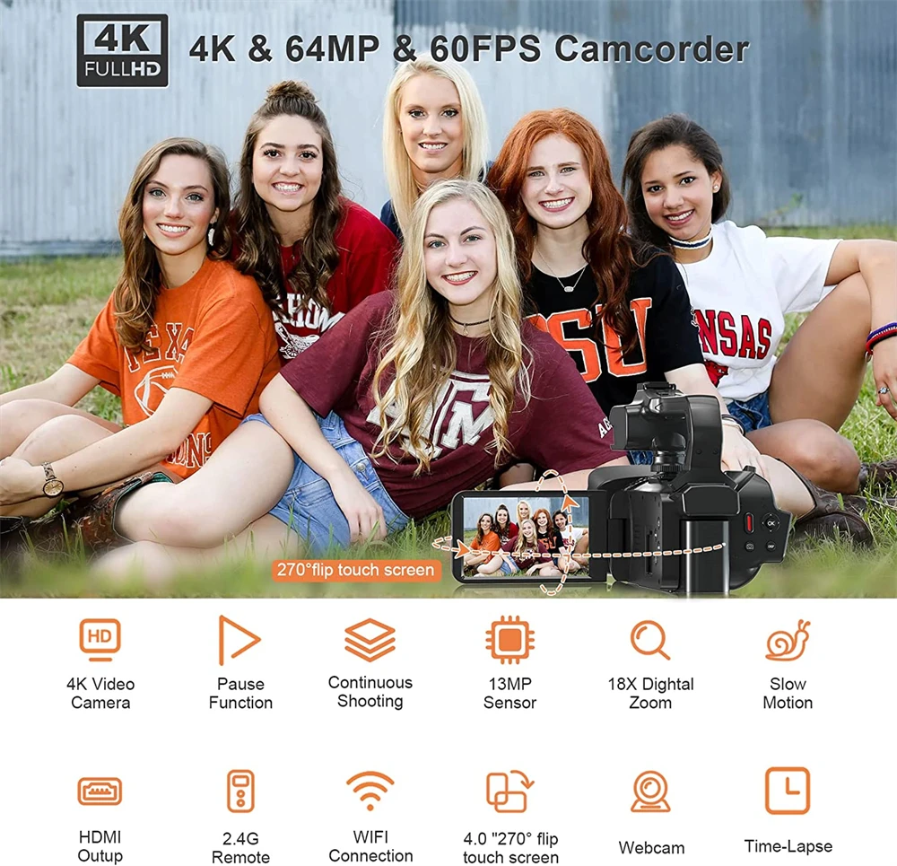 64MP 4K 60FPS Youtube Camcorder Live Stream Vlog Video Camera WIFI Webcam 4 Inch Rotate Touch Screen 18X Digital Camera Recorder