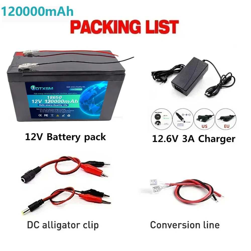 

12V 120Ah lithium ion 18650 lithium battery pack 30A sprayer built-in high-current BMS electric vehicle battery 12.6V 3A charger
