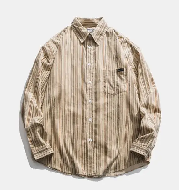 

Retro Striped Cotton Flannel Loose Fit irt ex Youth Trendy Outerwear Couples Pullover Long Sve arp Collar