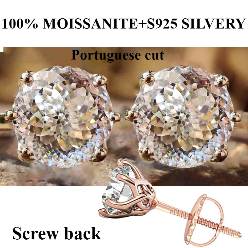 100% S925 silvery Portuguese cut D moissanite screw back 6 prong stud earring for women golden plated yellow golden plated  GRA