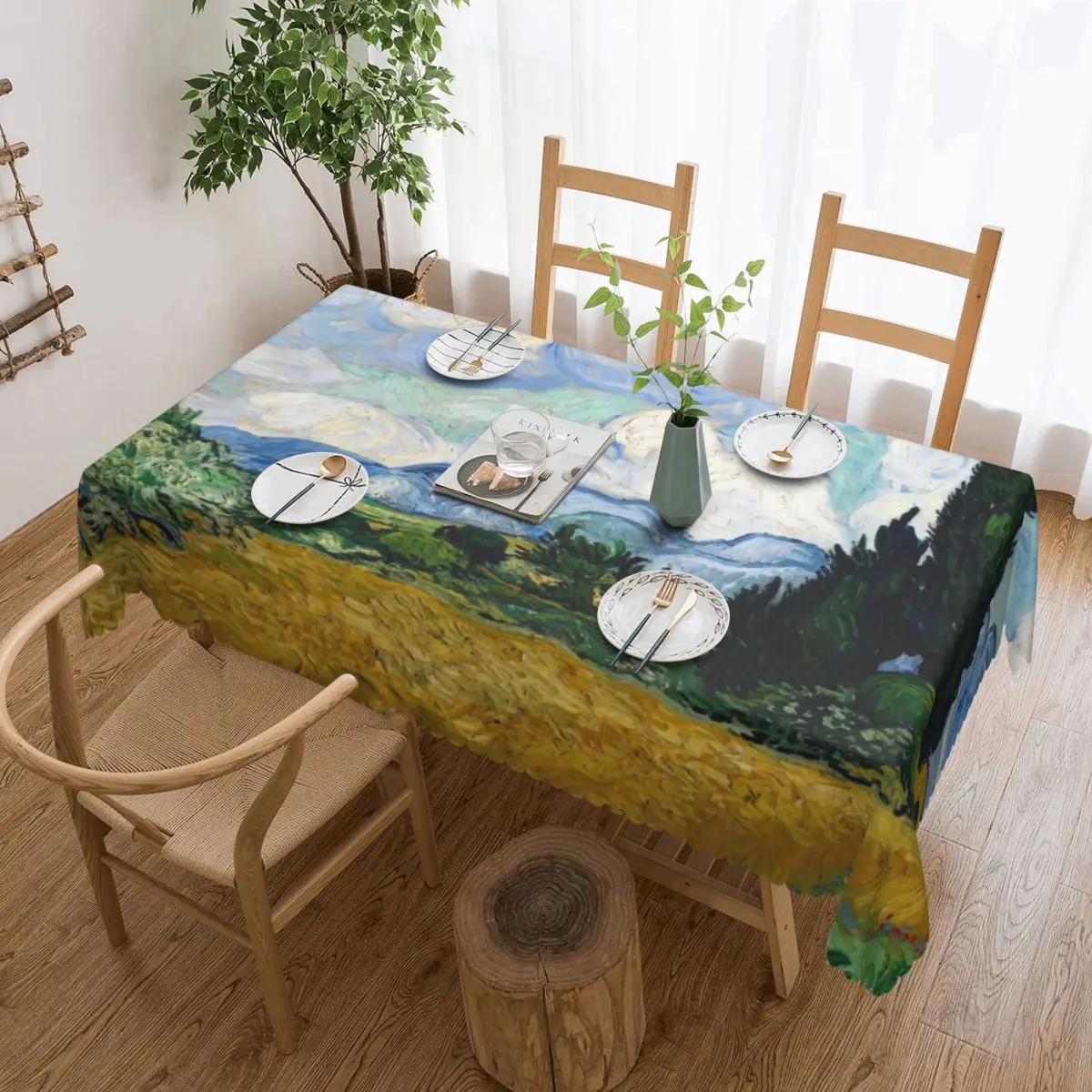 Custom Wheat Field With Cypresses Tablecloth Rectangular Waterproof Vincent Van Gogh Table Cloth Cover for Banquet