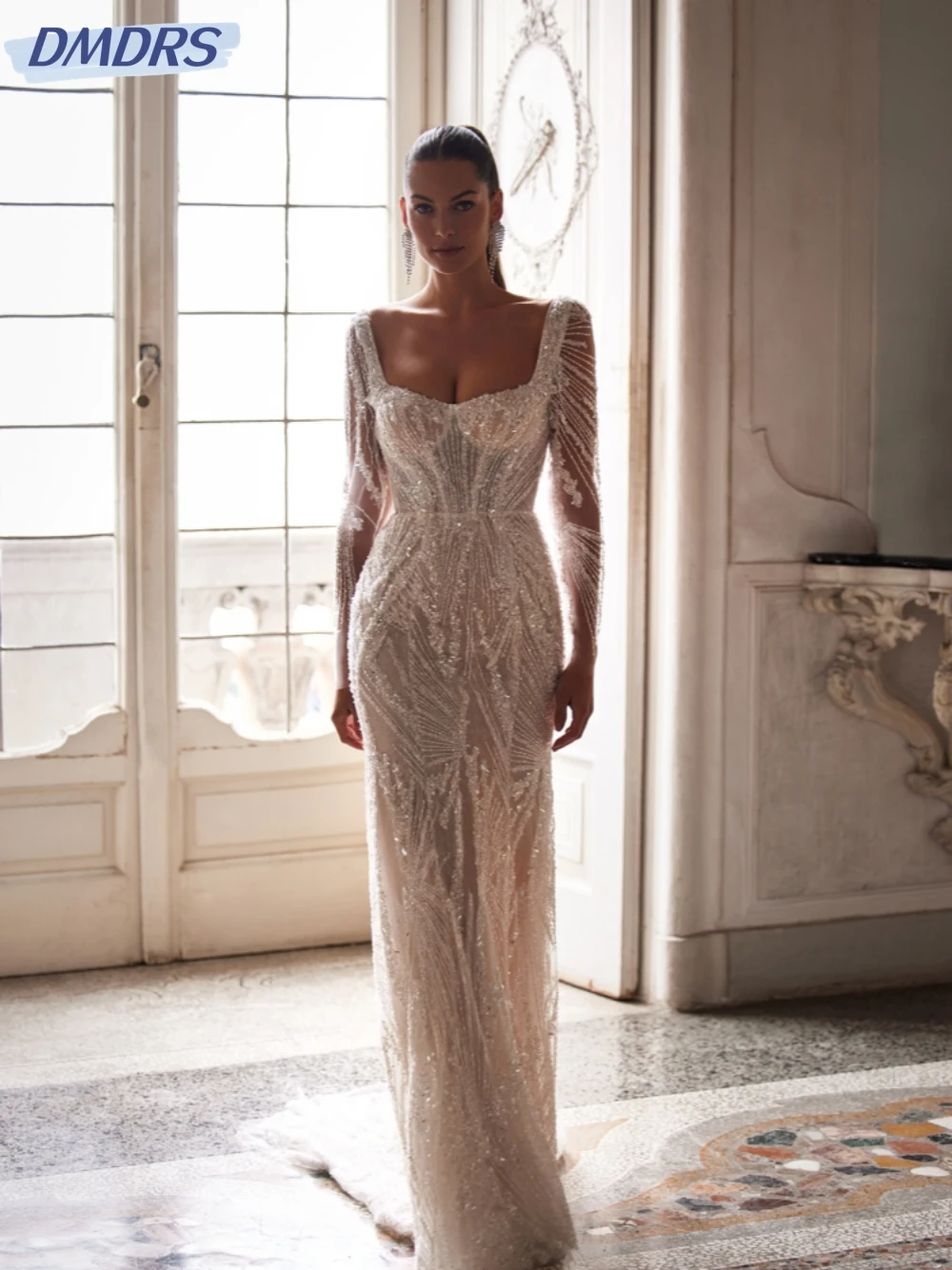 Abito da sposa a maniche lunghe con scollo quadrato modesto Abito da sposa con perline di paillettes scintillanti Abito da sposa lungo dritto personalizzato Robe De Mariée