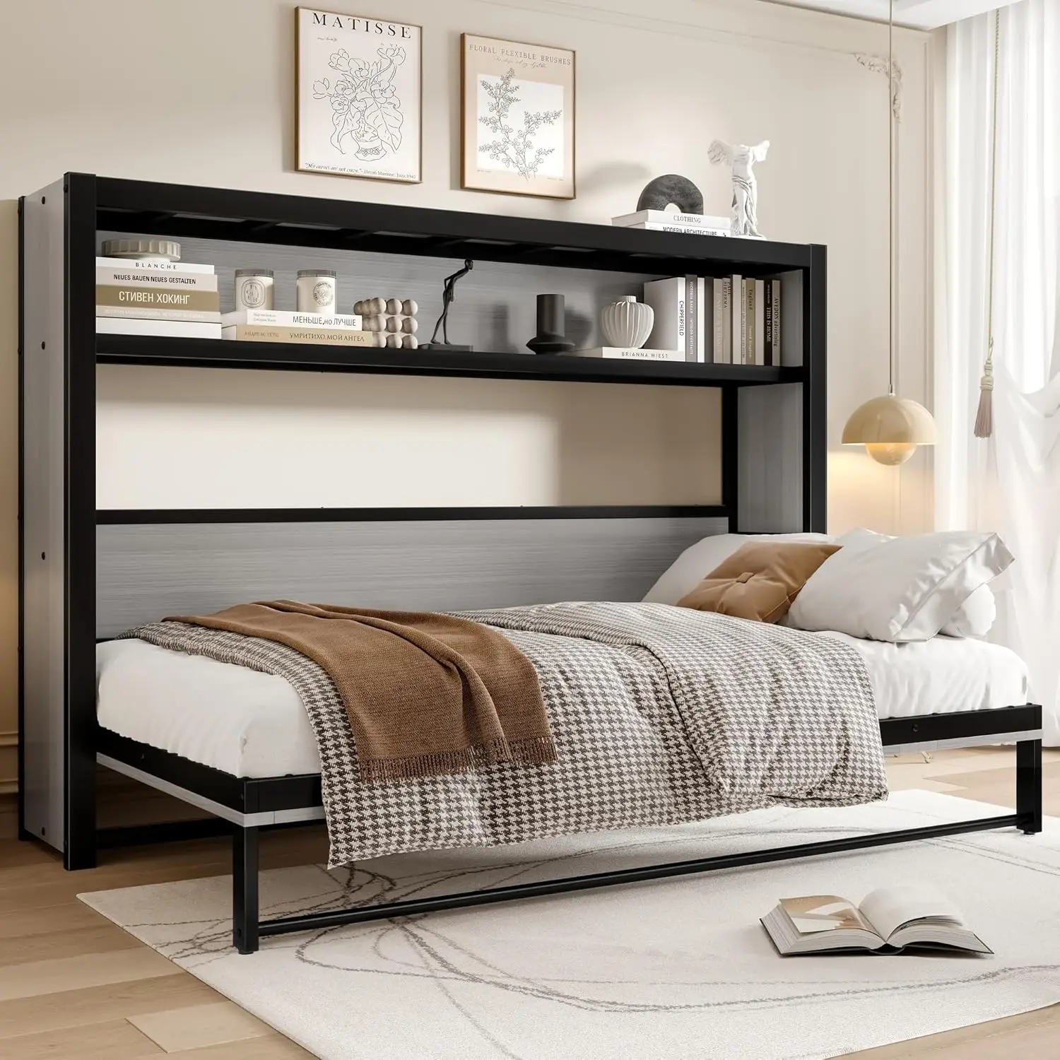 

Twin Size Murphy Bed Frame, Space-Saving Wall Bed Frame with Shelves, Foldable Platform Bed for Guest Room