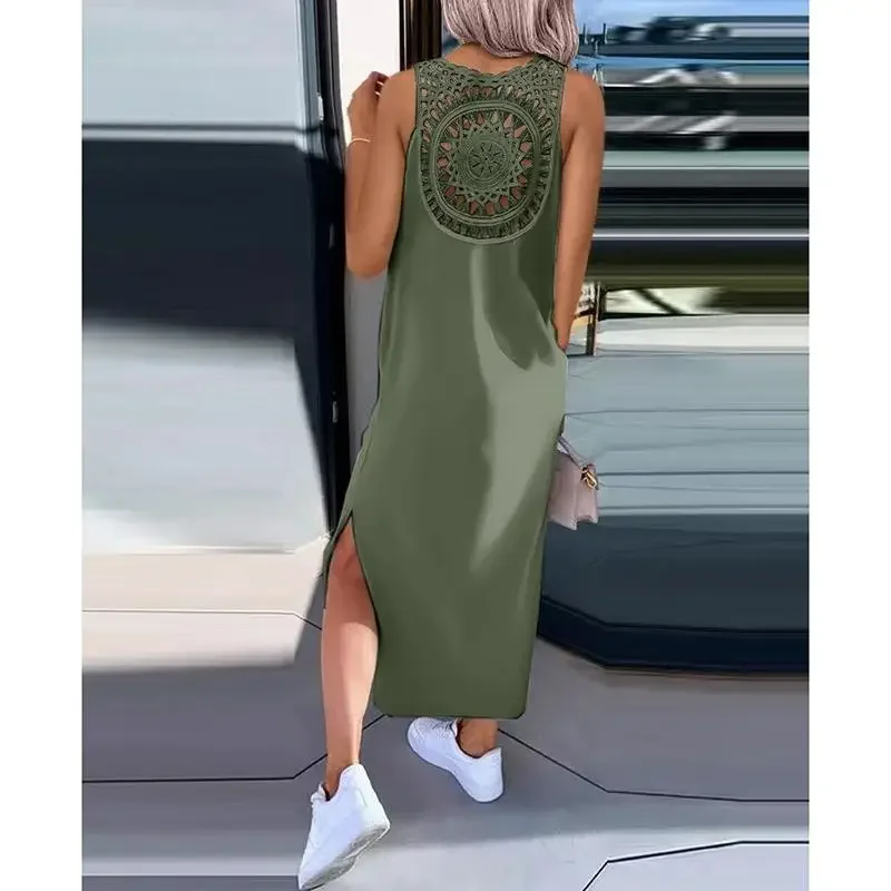 Sommer Neue Ärmellose Hohl Sexy Lose Kleid Frauen Mode Schlitz Feste Beiläufige Vestidos Rundhals Schlank Damen Kleider