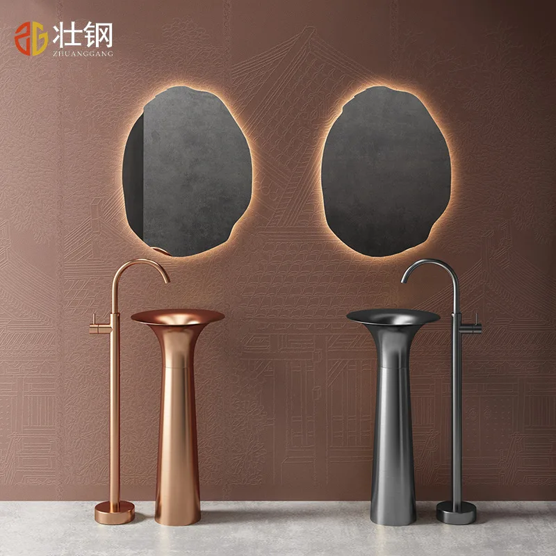 High-End Art Design 304 Stainless Steel Bathroom Sink Brushed Rose Gold Finish Pedestal Sink Trumpet Shape Luxury High Quality