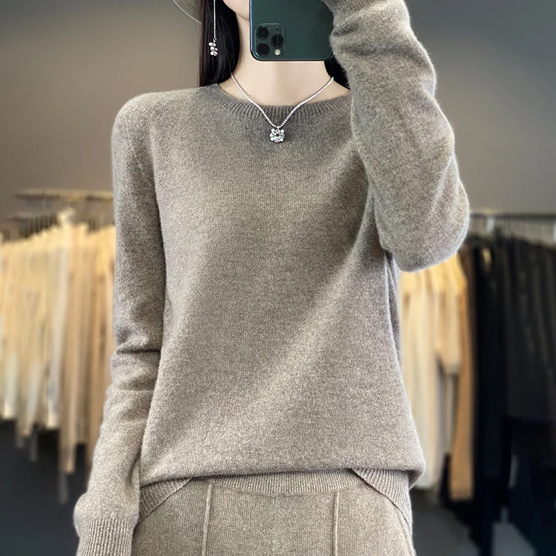 2024 New Womens Basic O-neck Pullover Sweater 100% Merino Wool Long Sleeve Cashmere Knitwear Autumn Winter Female Clothing Tops