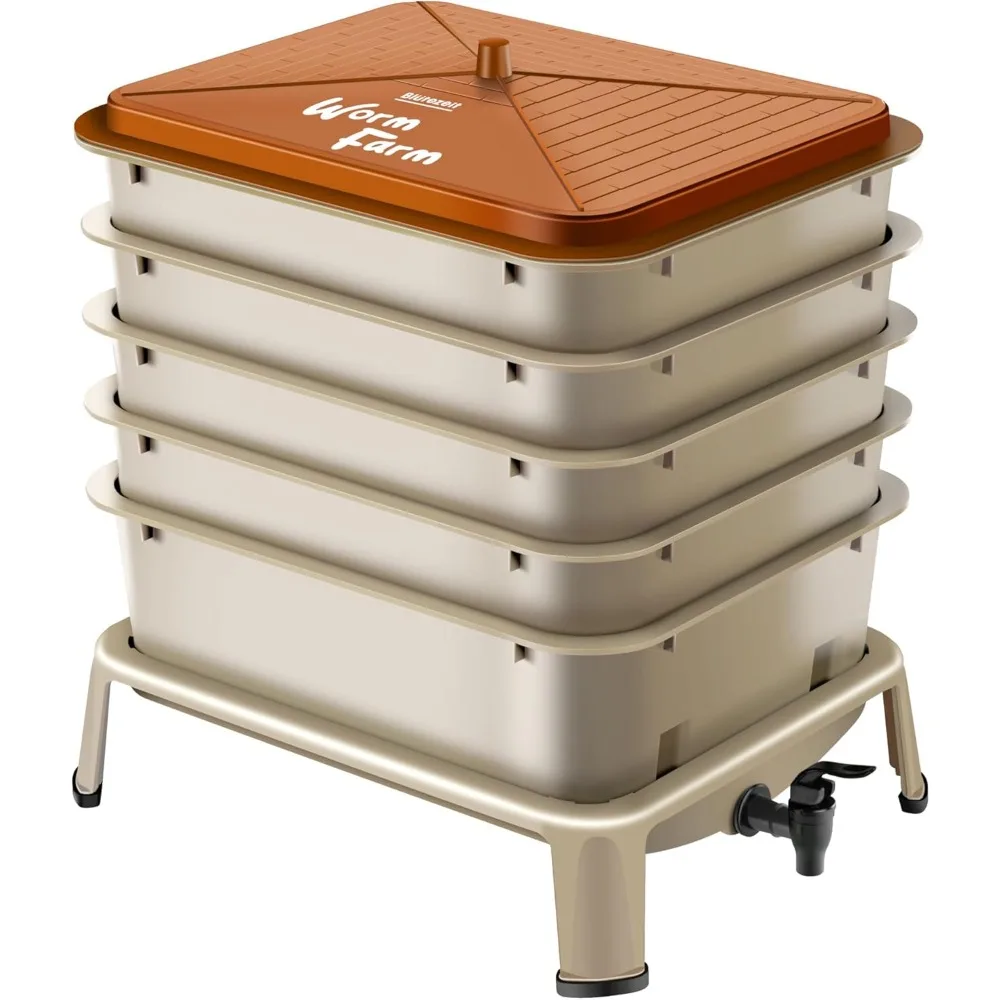 صندوق سماد دودة مكون من 5 صواني، مكون داخلي وخارجي 53QT مع مجموعة أدوات إعادة تدوير نفايات الطعام (ذهبي) #4
