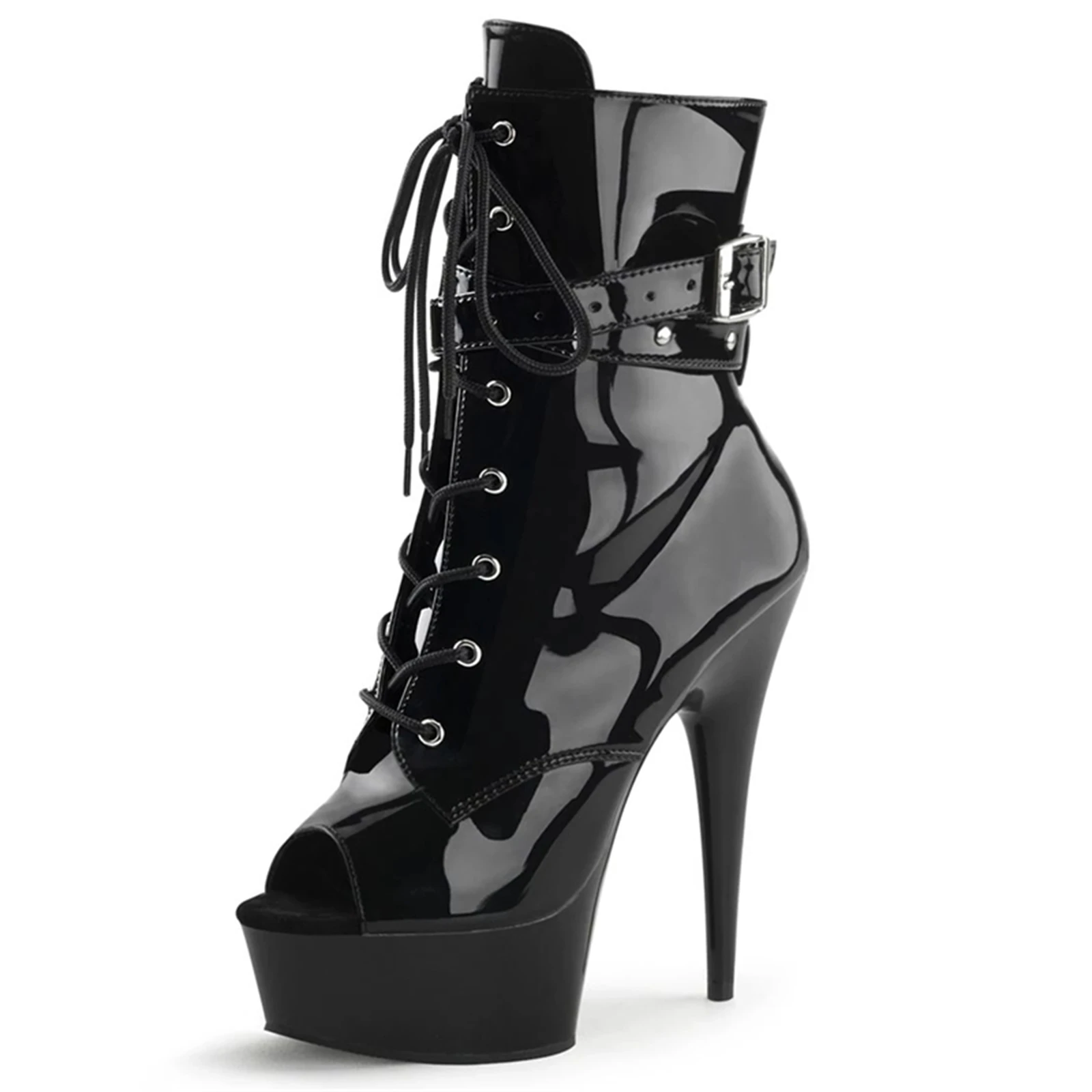 

2024 Sexy Peep Toe Ankle Boots Women Black Patent Leather Platform Stiletto Heels Lace Up Buckle Strap Gothic Club Shoes
