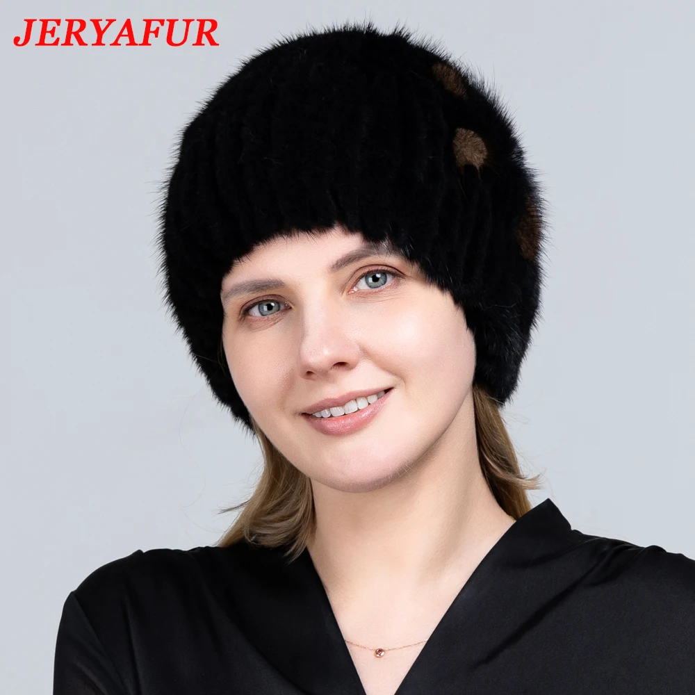 JERYAFUR Knitted Fur Hat Women Winter Warm Natural Mink Fur Hats Striped Stylish Beanie Hat