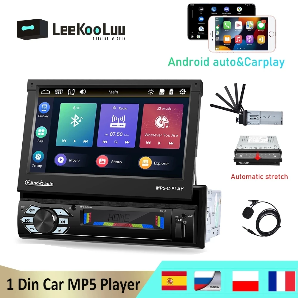 

LeeKooLuu Car Stereo 1 Din Auto Radio 7'' Retractabe Screen Automatical Flip-out Multimedia Player with Carplay / Android Auto