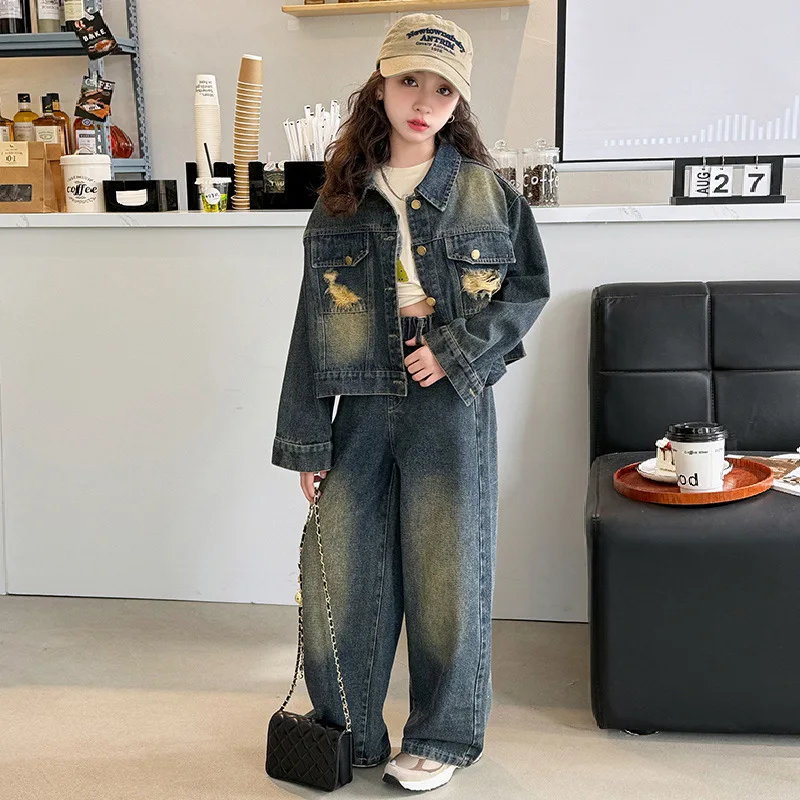 

Korean Spring Autumn Junior Girl Denim Set Teenager Girl Single-breasted Jacket+Straight Jeans Long Sleeves School Girl 2PCS Set
