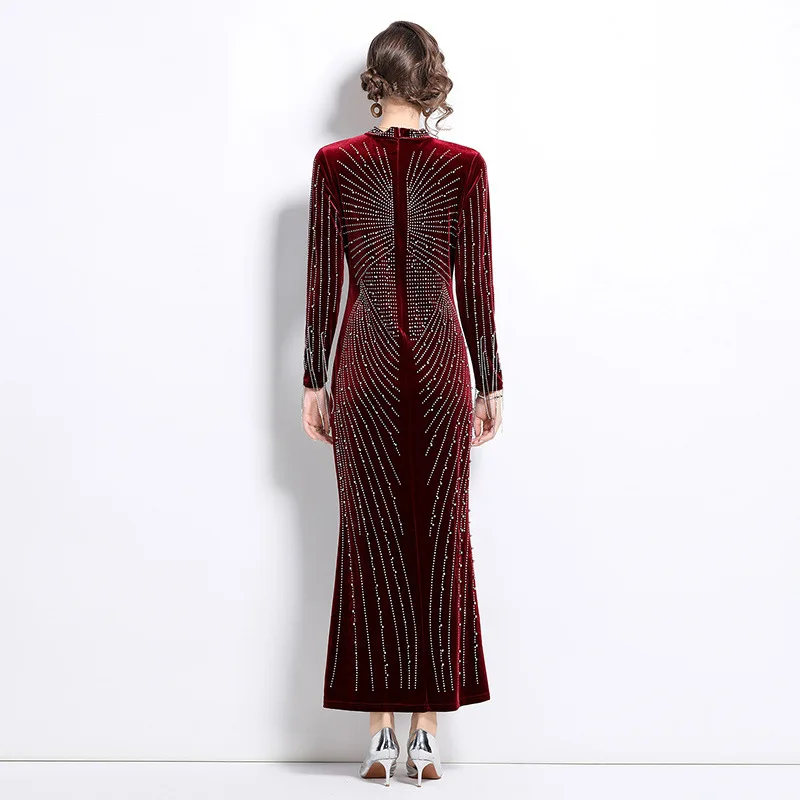 مثير منتصف الخصر الحرير المخملية الدكتور للنساء مع غرز الماس تألق Faionable الخريف الشتاء ثي طويل Sve الشارع... #3