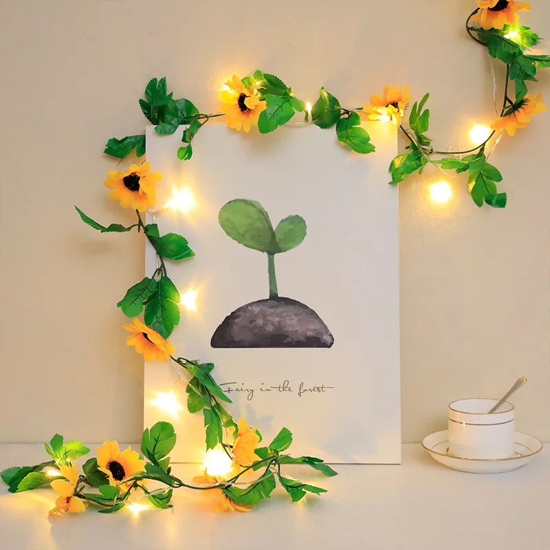 New Copper Wire Artificial Sunflower Rose String Light Garland Fairy String Lights Green Leaf Vine Lamps for Garden Party Decor