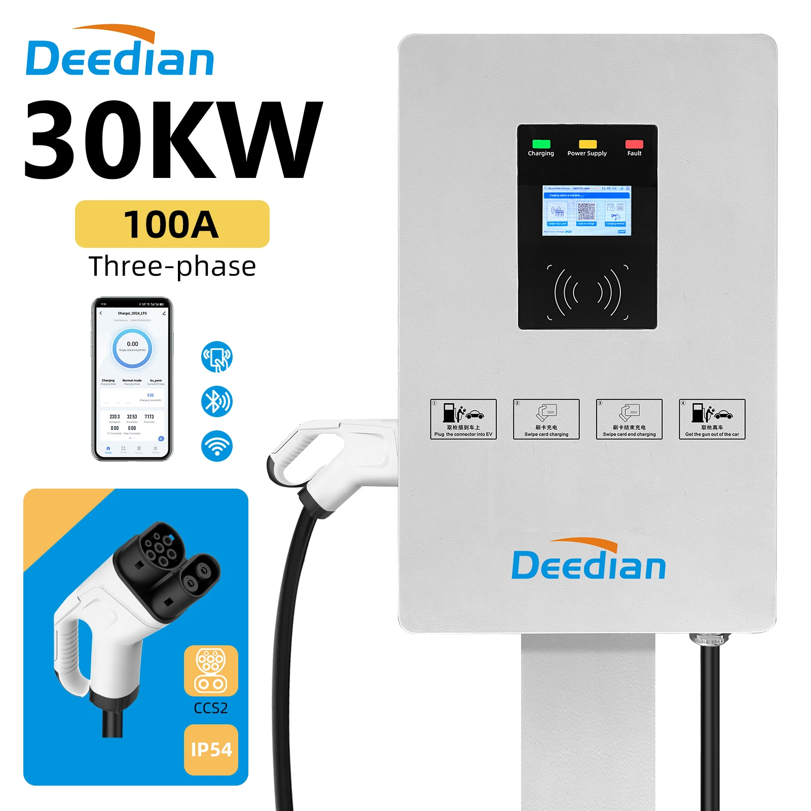 

New Condition 30 KW Smart DC RFID CCS2 Level 3 Home EV Fast Charger Wall-Mounted Charging Station with OCPP1.6 Fastening System