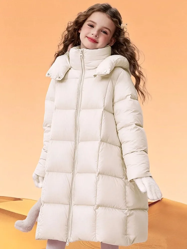 Wintermantel für Mädchen, lang, mit Kapuze, aus 90 % weißen Entendaunen, wasserdichtes, winddichtes und schmutzabweisendes Material, warme Daunenjacke für kaltes Wetter, für Kinder von 4 bis 14 Jahren. – Detail 10