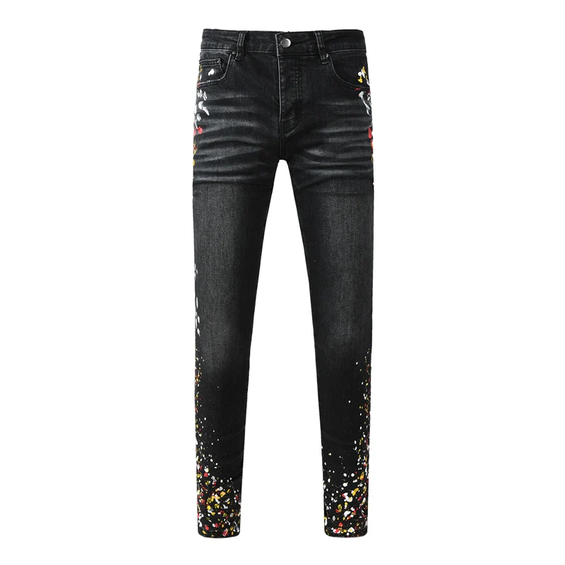 Men's Retro Black Distressed Painted Jeans Designer Street Fashion Boutique Elastic Tight Hip-Hop Brand High-Quality