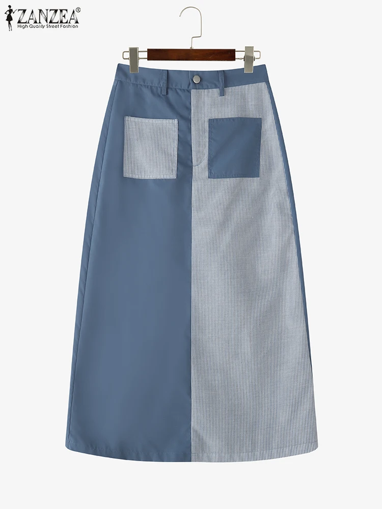 ZANZEA Faldas largas de moda para mujer, Jupes con cintura elástica, Maxi Faldas a rayas Saia 2025, pantalones de cintura alta para otoño, pantalones de trabajo informales