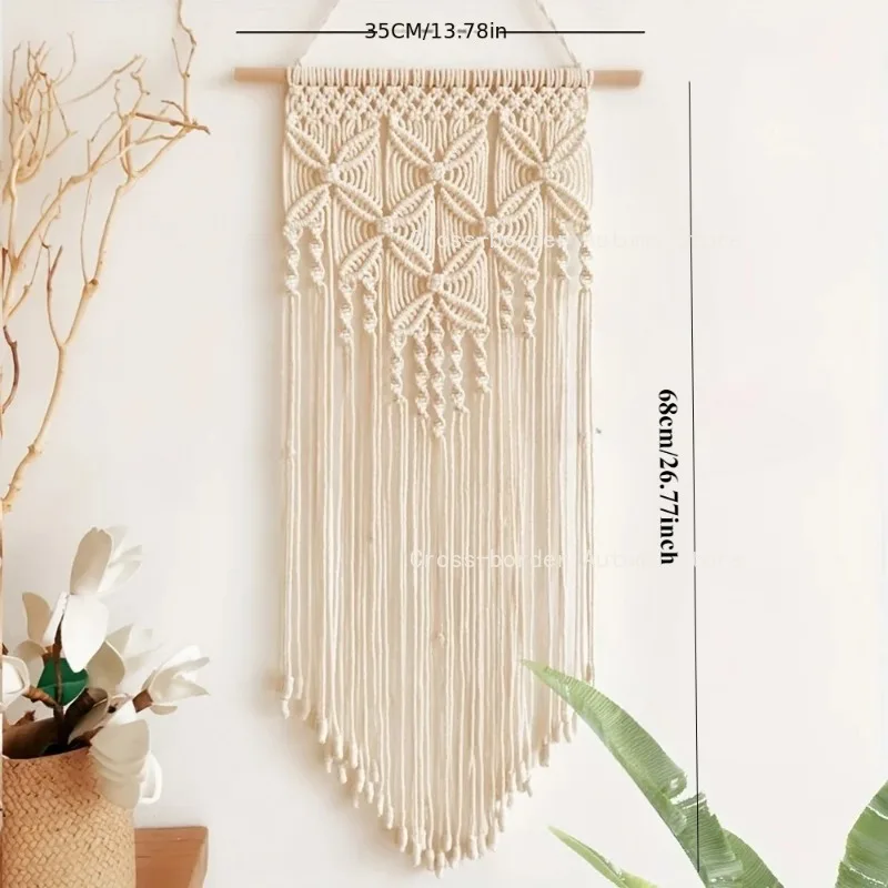 1pcs Polyester-Cotton Macrame Wall Hanging with Fringe Clover Diamond Grid Pattern for Home Decor