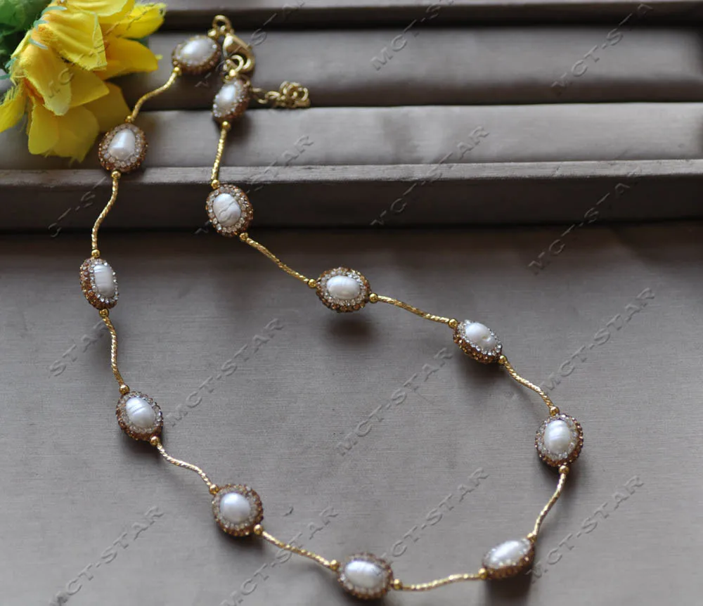 Z12926 Set 15mm White Rice Golden CZ Pearl Necklace Bracelet Earring view 4
