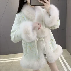 Autumn Winter Ethnic Style Cotton Padded Jacket for Women' New Style Imitation Fox Fur Coat Thick Insulation Casual Loose Jacket