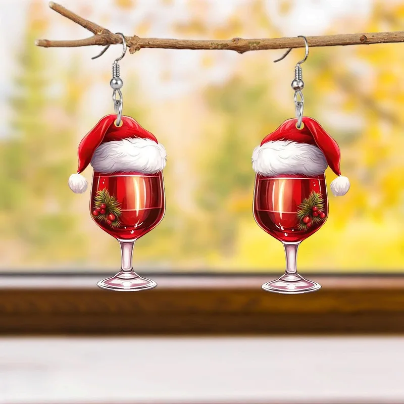 1 Paar Ohrringe aus Acryl mit Weihnachtsmütze und Rotweinglas, geeignet für Damen, Weihnachten, Feiertage, Party, Weihnachtsgeschenke