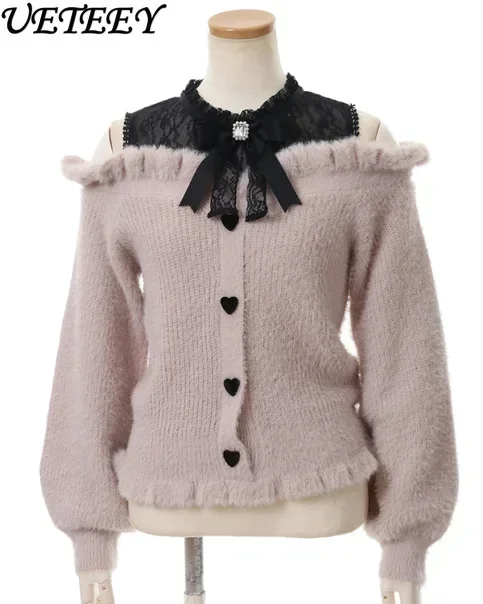 Japanische Mine Massenproduktion Strickpullover Damen Herbst Winter Lolita Süße Schleife Pelzige Off-Shoulder Spitze Langarm Pullover Top