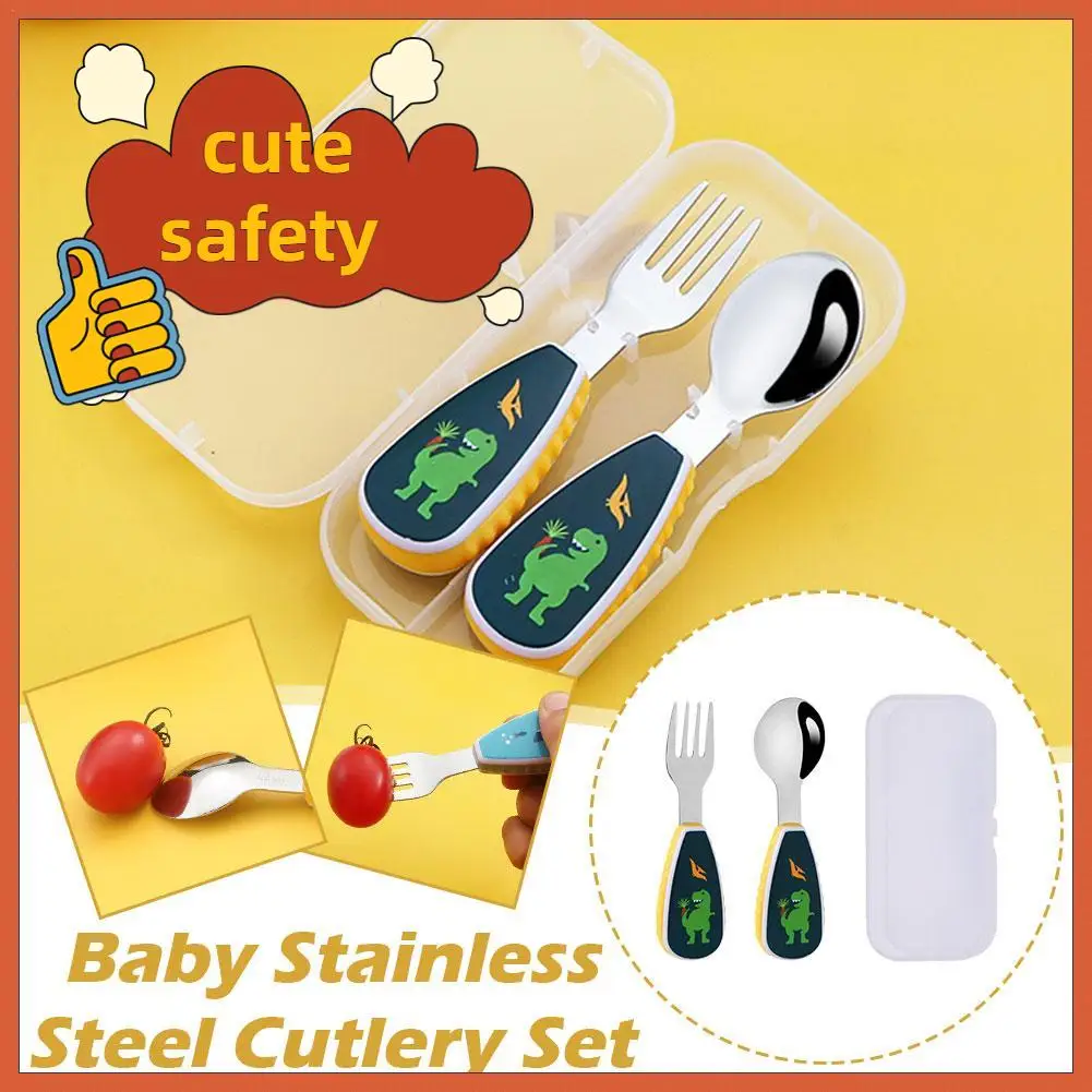 2Pcs Toddler Utensils Cute Toddler Feeding 304 Steel Toddler Dinnerware Cutlery Infant Food Feeding Spoon Fork