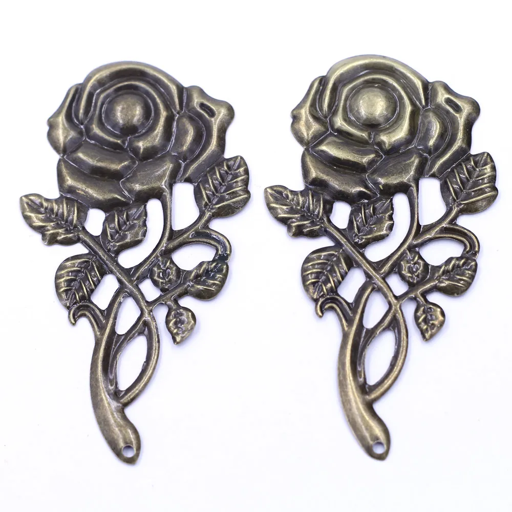 10Pcs Embellishments Rose Flower Pattern Filigree Wraps Alloy Vintage Bronze Tone Pendants Jewelry DIY Finding 77mm