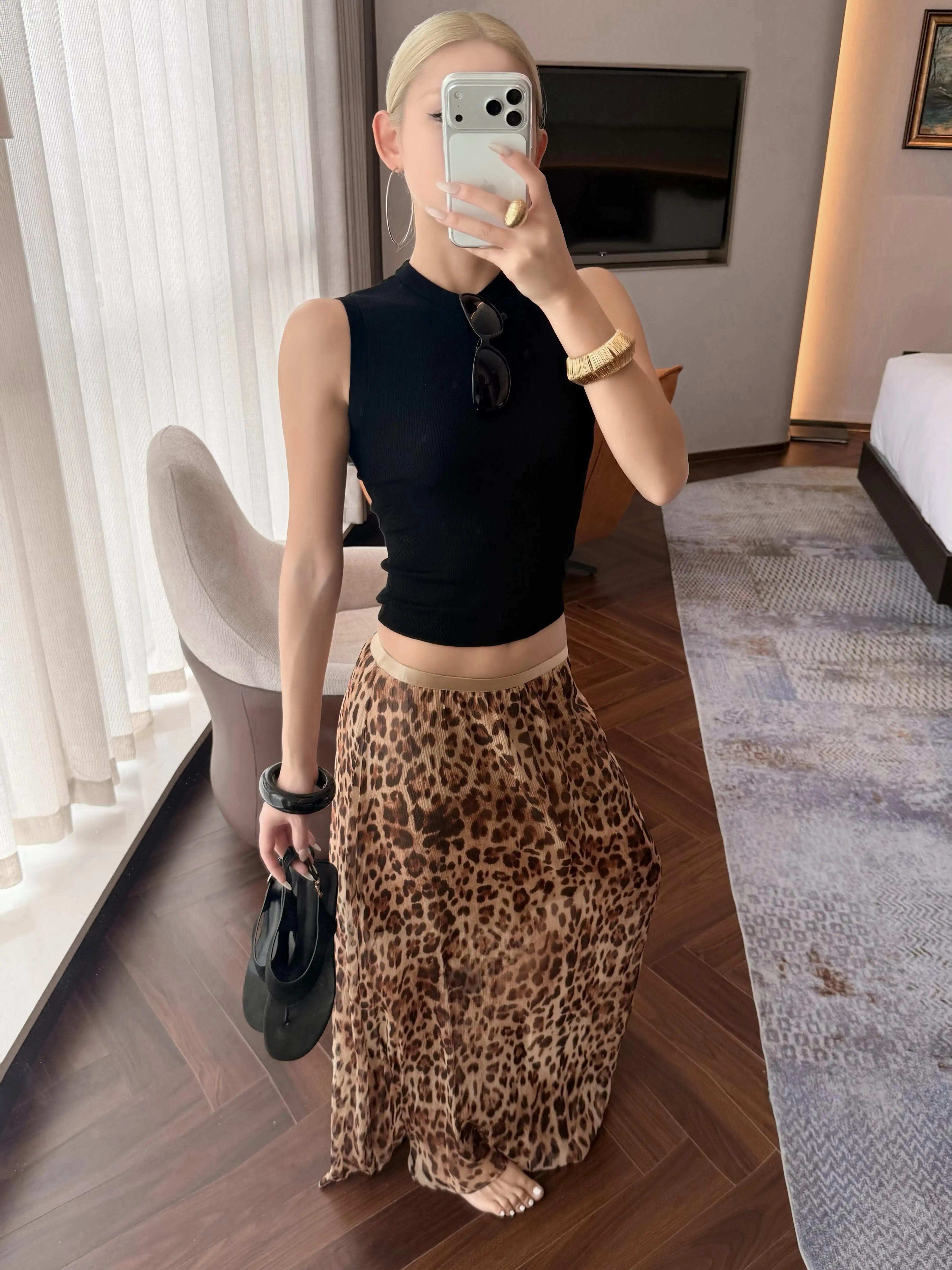  Minimalist Leopard Print Halter Neck  Dress Women's Summer New Style Casual High Waist Skirt Quality Silk Long ...