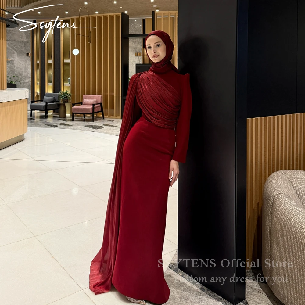 

SSYTENS Modest Burgundy Evening Dresses Full Sleeves Pleated Muslim Prom Dress Hijab O-Neck Mermaid Prom Gowns Women Customized