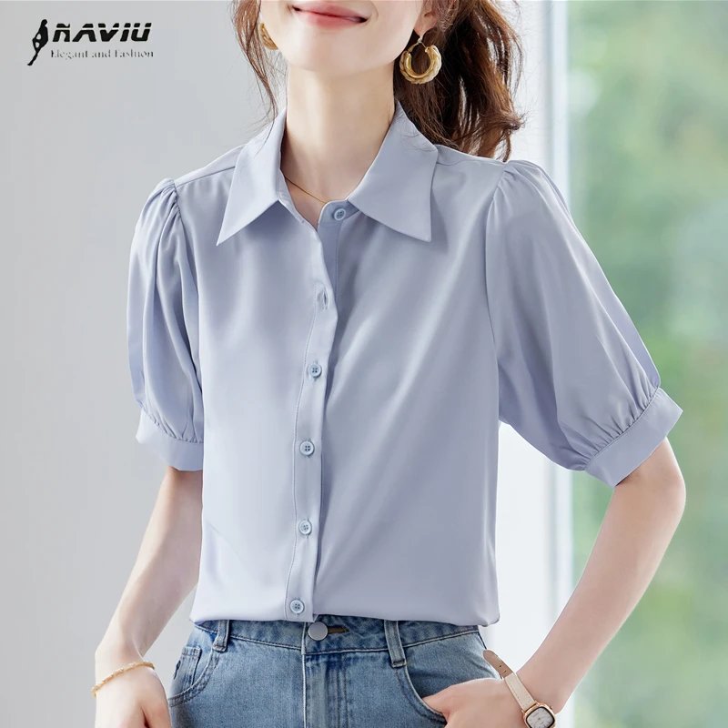 

NAVIU Summer New Style Korean Solid Color Short Sleeve Shirt Professional Temperament Blue White Blouses Office Ladies Work Top