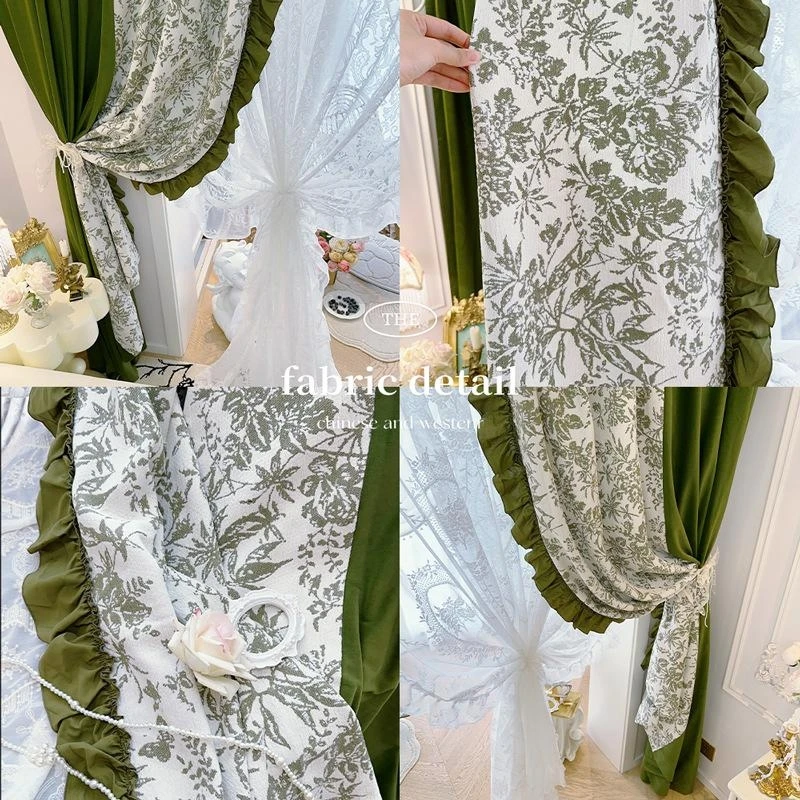 French olive green grapevine curtain jacquard splicing curtain fabric warm and comfortable