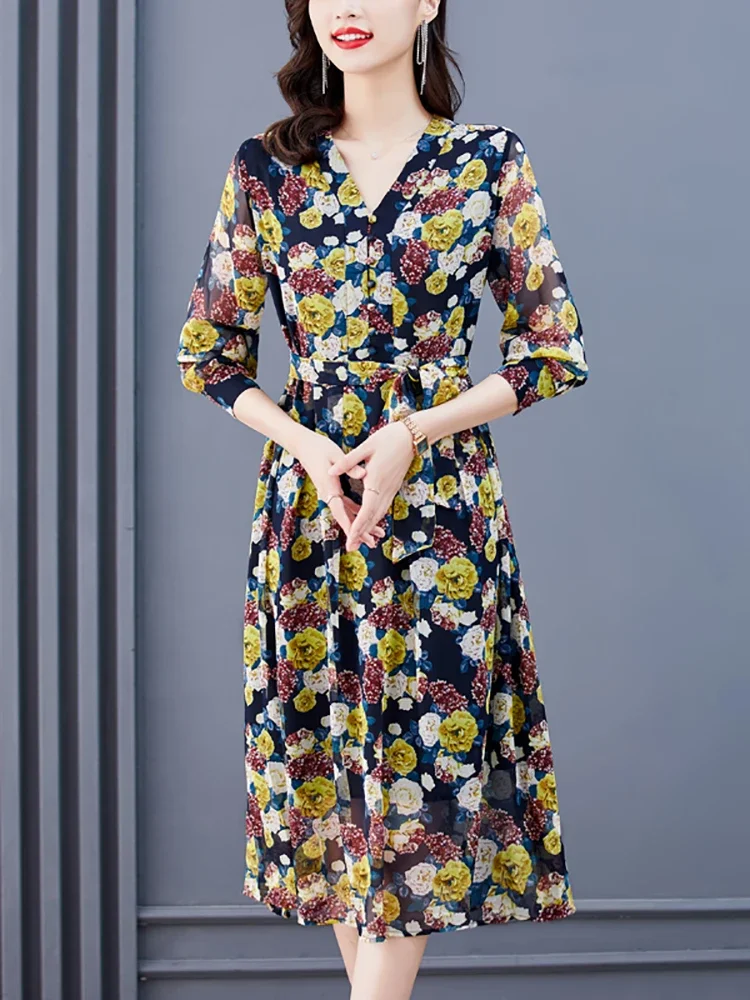 Robe mi-longue en mousseline de soie à fleurs pour femmes, manches longues, col en V, mode décontractée légère, robe de plage, vintage coréen, tambour con, automne, nouveau, 2024