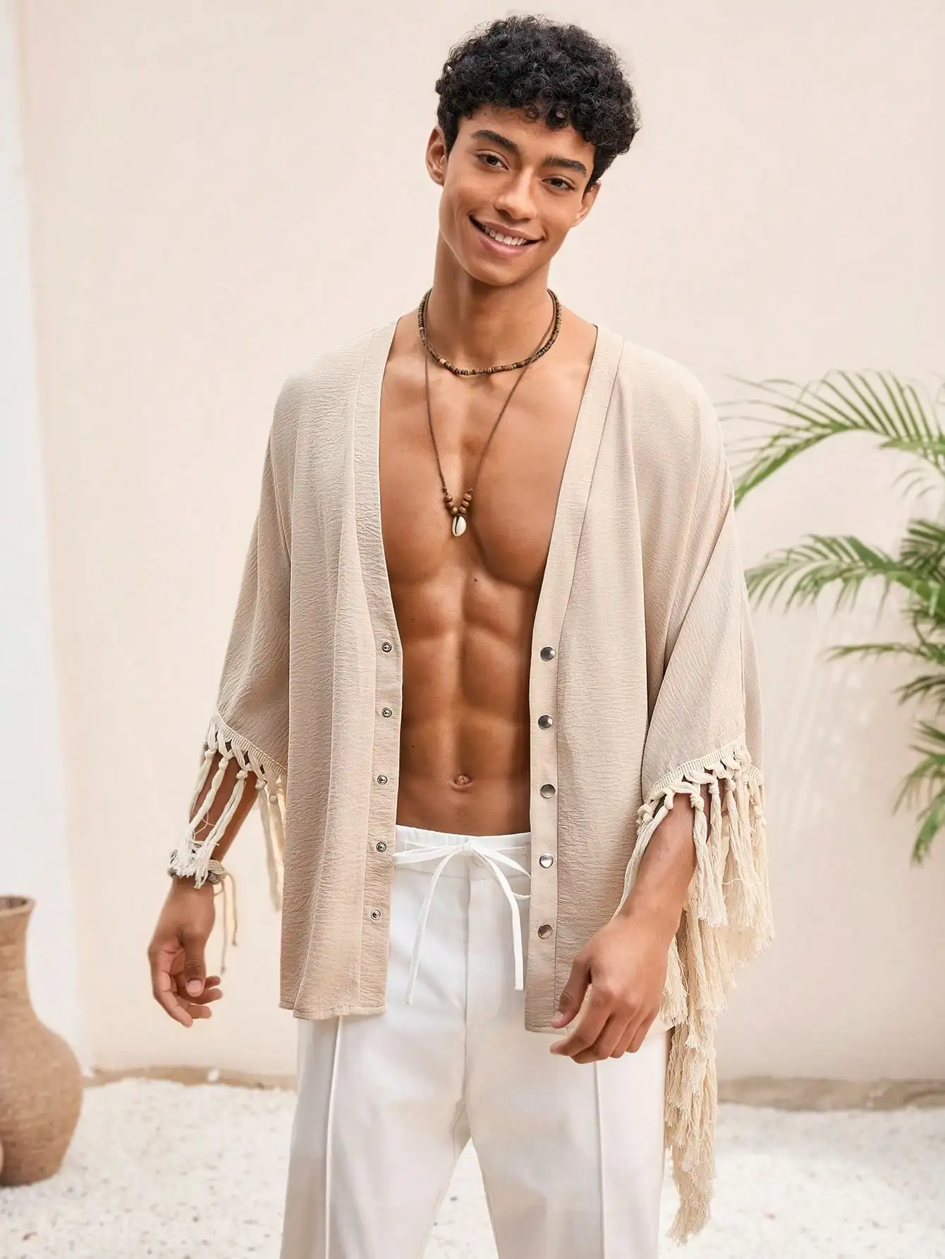 

Men's Beige Woven V-Neck Open Front Cardigan with Fringe Trim 3/4 Sleeve