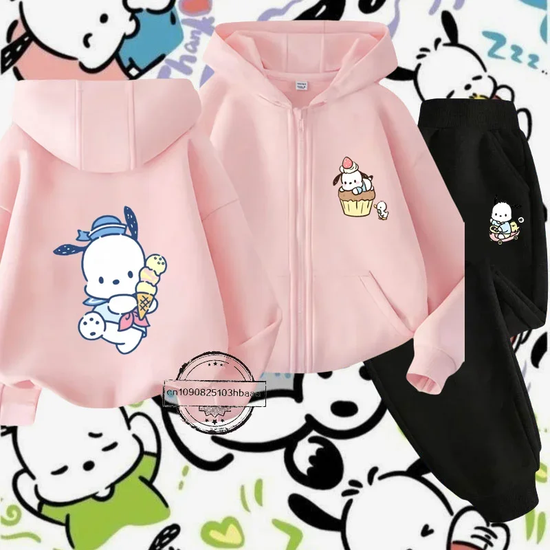 Pochacco Children's hoodie set Autumn and winter long sleeve new Sanrio cartoon cartoon printed zipper shirt for boys and girls