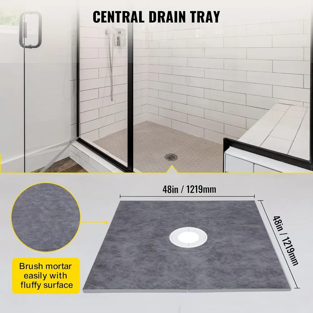 Shower Curb Kit, 48"x48" Watertight Shower Curb Overlay , 4" Stainless Steel Grate, 2 Cuttable Shower Curb